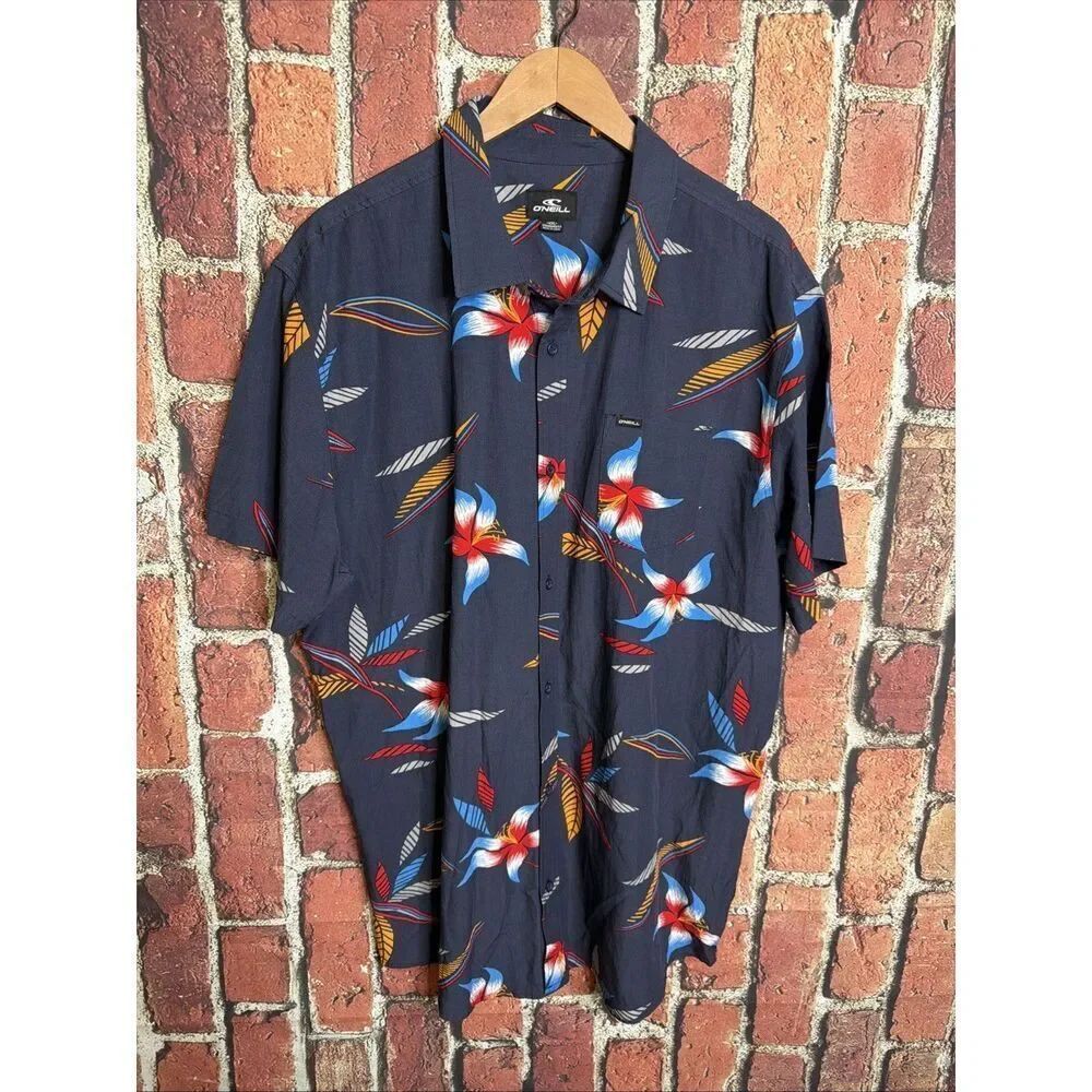 ONeill Shirt XXL Grey Hawaiian Button Up Short Sleeves Tropical Blue Floral
